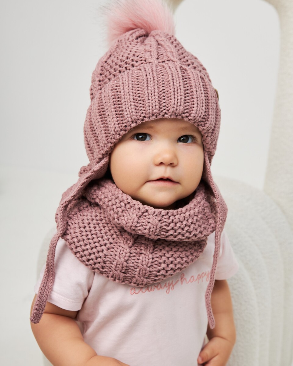 Комплект зимній (шапка на завязках з натуральним пумпоном хомут) для дівчат